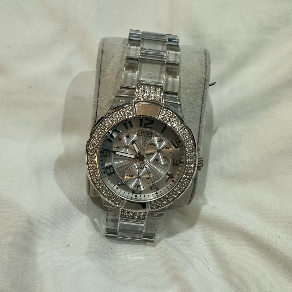 Guess Silver Crystal-Accented Men's Watch
